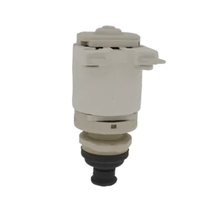 Modello 3D di un ugello iniettore carburante per auto con corpo beige chiaro e punta nera, presentato su sfondo bianco.
