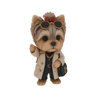 3D model of a fashionable Yorkshire Terrier wearing a trench coat, sunglasses, and carrying a designer handbag, with a red bo