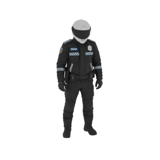 3D model of a motorcycle police officer wearing a white helmet and dark uniform.