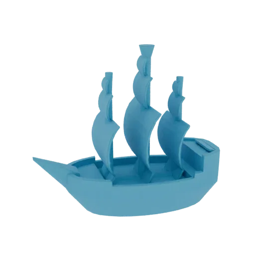 A 3D render of a light blue three-masted sailing ship with simplified sails and hull, presented on a white background.