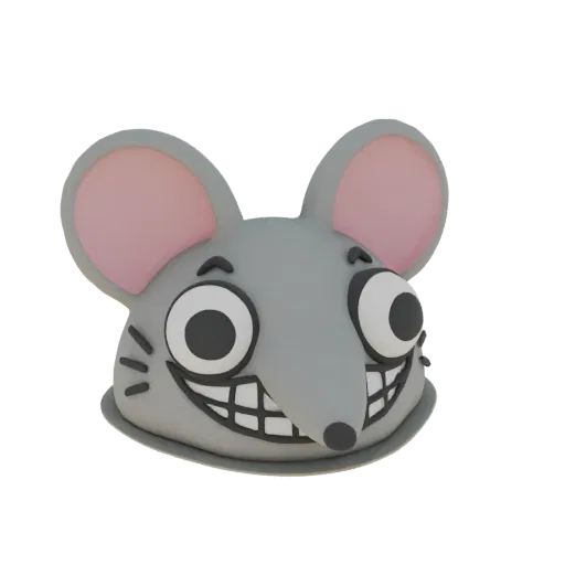 3D model of a grey mouse head with large, wide eyes and a big, toothy grin, set against a black background.
