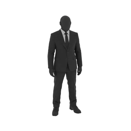 Modelo 3D de hombre sin rostro con traje oscuro y corbata, en pose neutral sobre fondo blanco.