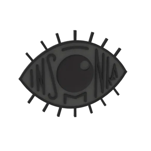 3D model of a stylized eye with the word INSOMNIA inscribed within, set against a black background.