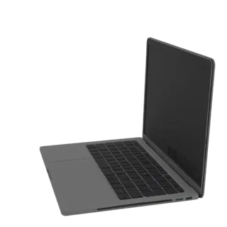 A 3D model of a modern, thin, space gray ultrabook laptop, shown open with a dark screen and keyboard.