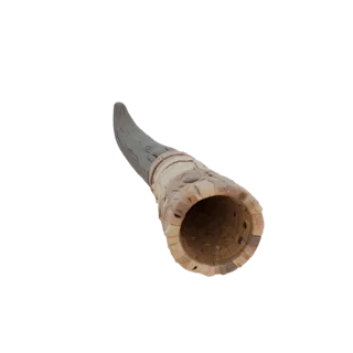 3D model of a decorative bull horn with carved ornament, styled as a vessel, on a white background
