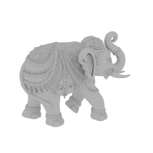 Un rendering 3D di una statua di elefante indiano bianca, finemente scolpita, in posa camminante, su sfondo bianco.