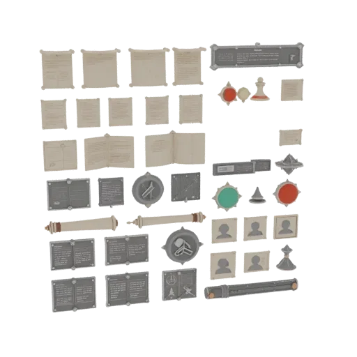 Market Scroll Bundle Printable 3D model, isometric STL render, showing paper-like cards, small readable forms.