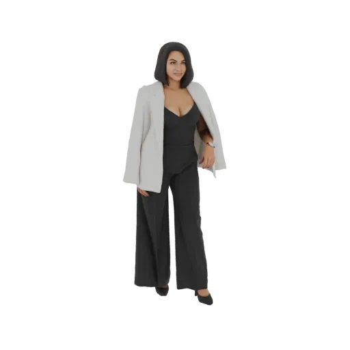 3D model of a woman in a black jumpsuit and white blazer, standing confidently with a slight smile.