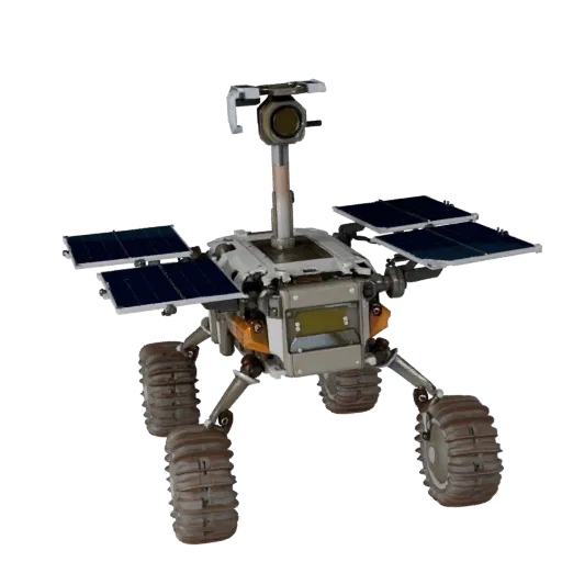 Prospector Planetary Rover 3D model, three-quarter front view, Unity viewport, showing dusty wheels, vehicle stance.
