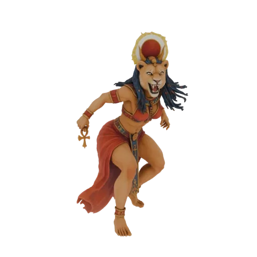 3D model of Sekhmet, the Egyptian lioness goddess, in a dynamic pose, wearing traditional attire and holding an ankh.