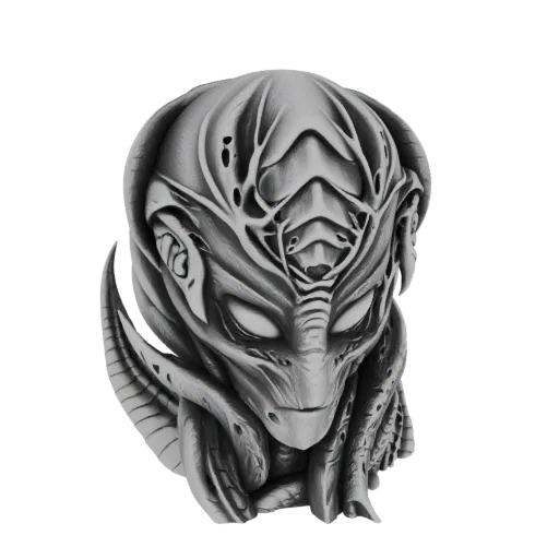 Render de modelo 3D de busto detallado de cabeza de guerrero alienígena con elementos de diseño intrincados, orgánicos y futu