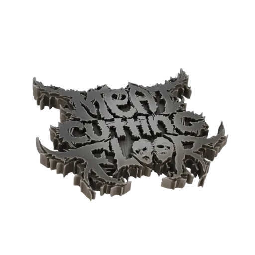 3D model of the 'Meat Cutting Floor' logo, featuring sharp, gothic lettering and skull motifs with a dark metallic finish.