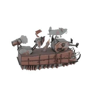 A 3D render of a whimsical cartoon tank with a light blue dog on top and a lit candle, rendered against a white background.