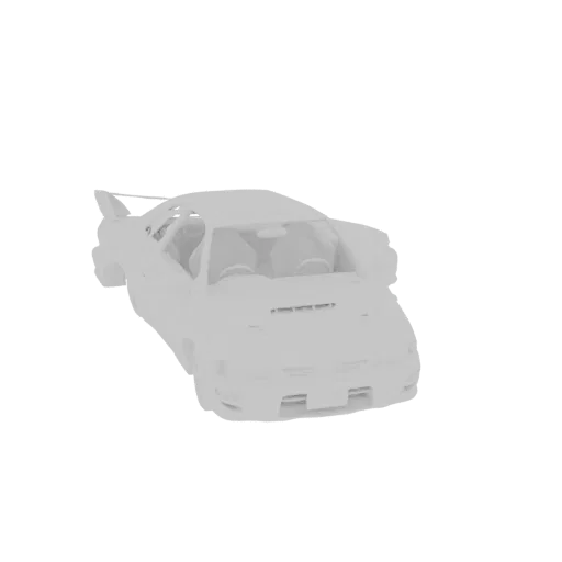 Una renderización 3D de un coche deportivo blanco con alerón, visto desde un ángulo frontal de tres cuartos sobre un fondo ne