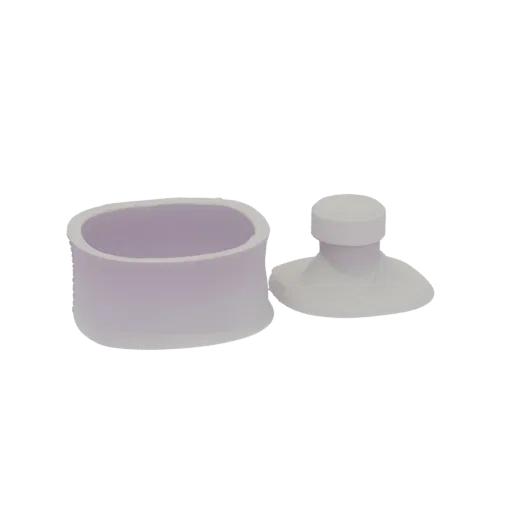 3D model render of a minimalist oval soap dish and a matching liquid soap dispenser, both in a matte white finish.