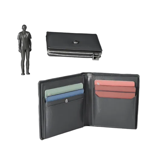 Luxury Wallet Product Viz 3D model, three-quarter studio product render, showing metal, small wearable silhouette.
