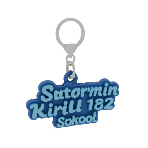 3D model keychain with text "Sutormin Kirill 182 School" on blue background
