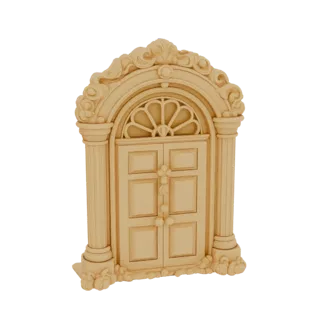 Modelo 3D de un portón clásico ornamentado con columnas corintias, arco decorativo y luminaria, renderizado en un tono beige