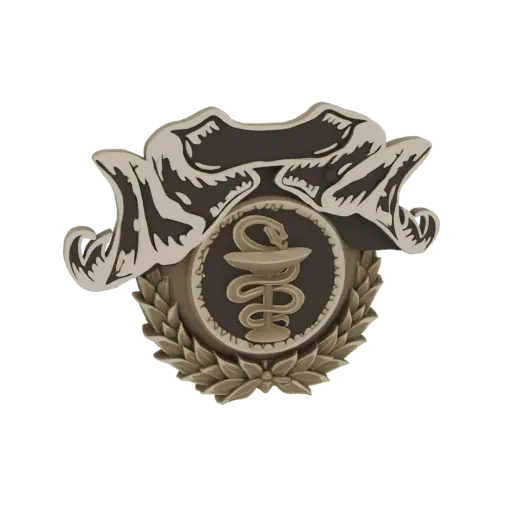 3D model of a Caduceus emblem with a snake, staff, laurel wreath, and ribbon banner, rendered in metallic tones.