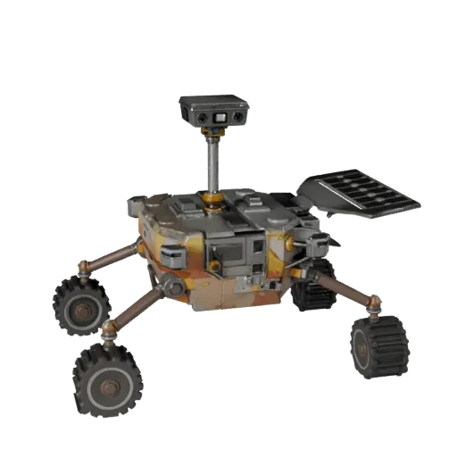 Lunar Planetary Rover Stylized 3D model, stylized isometric render, showing dusty wheels, vehicle stance.