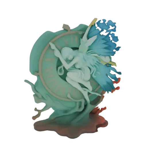 3D model of a serene fairy with blue and gold wings resting on a detailed celestial clockwork mechanism, rendered in soft, et