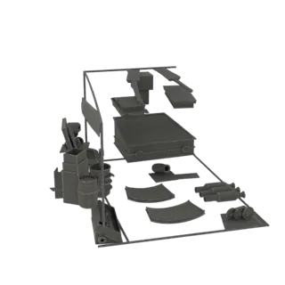 3D Modell eines mittelalterlichen Marktstands mit Fässern, Kisten, Flaschen und einer Waage, in Grau gerendert.