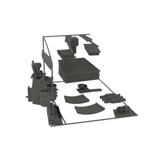 3D model of a medieval market stall with barrels, crates, bottles, and a scale, rendered in gray.