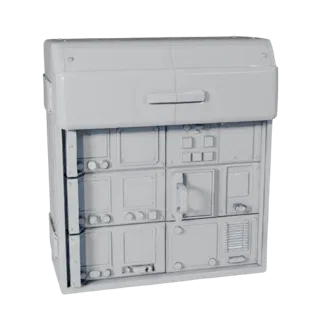 Moderner Schalterkasten Modulares 3D-Modell, isometrische Ansicht des modularen Kits, mit Metallscharnieren und klaren Intera