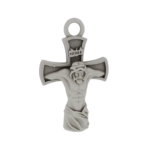 3D model render of a classic Jesus Christ crucifix pendant with detailed relief sculpture and a top loop for hanging.