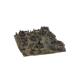 3D model of a fantasy village with a castle, ruins, river, and trees, viewed from a high angle.