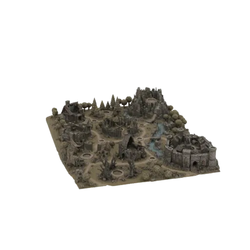 3D model of a fantasy village with a castle, ruins, river, and trees, viewed from a high angle.