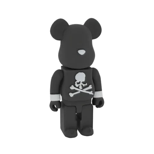 A 3D render of a black Bearbrick toy figure with a white skull and crossbones emblem on its chest, standing against a white b