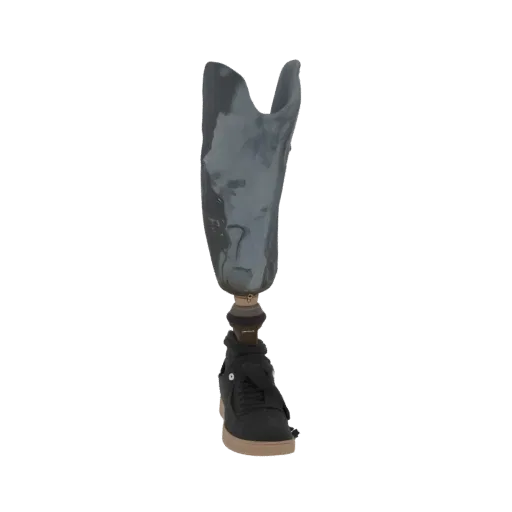 3D model of a prosthetic leg with a black sneaker attached, presented against a black background.
