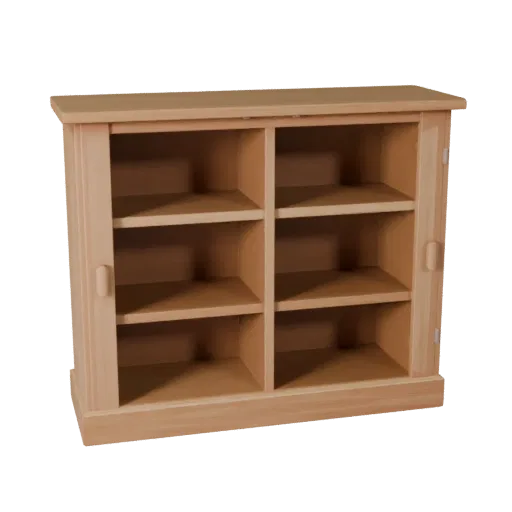 Shaker Bookshelf Stylized 3D model, dining room, stylized isometric render, painted wood detail.