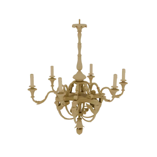 3D model of an ornate Baroque chandelier with scrolling arms and candle holders, rendered in a light, neutral material.