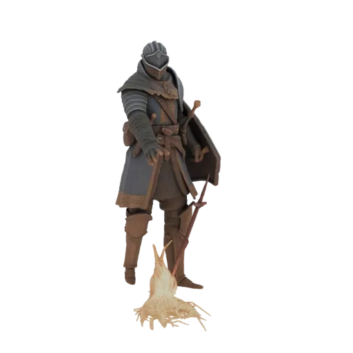 3D model of a Dark Souls Knight in full armor standing next to a stylized bonfire with flames.