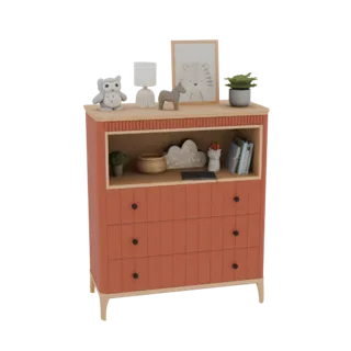 3D model of a coral-colored children's dresser with three drawers and an open shelf displaying decorative items.