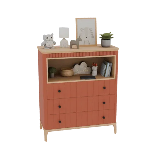 Modèle 3D d'une commode enfant couleur corail avec trois tiroirs et une étagère ouverte exposant des objets décoratifs.