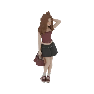 3D model of a young woman with curly brown hair, wearing a corset top and skirt, holding a handbag, with one hand on her head