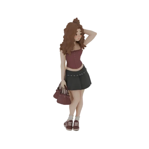Modelo 3D de una mujer joven con pelo castaño rizado, vistiendo un top corsé y falda, sosteniendo un bolso, con una mano en l