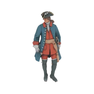 3D model of an 18th-century officer in a blue coat and red breeches, standing with a cane.
