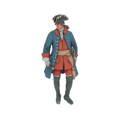 Modelo 3D de un oficial del siglo XVIII con abrigo azul y calzones rojos, de pie con un bastón.