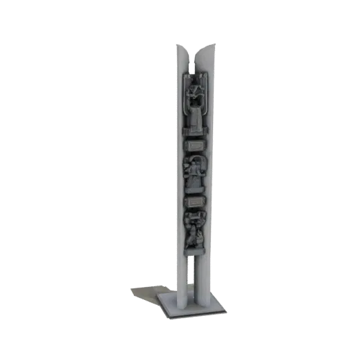 3D render of a tall, abstract monument sculpture with carved details on a white background.