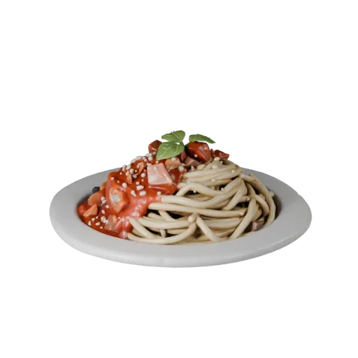 Gourmet Pasta Plate Realistic 3D model, three-quarter studio render, showing sauces, plated composition.