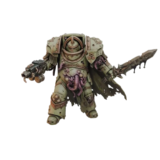 3D model of a Nurgle Blightlord Terminator in green armor, holding a dripping plague weapon and a bolter, with tentacles emer