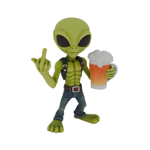 3D model of a green alien character with large black eyes, wearing a vest and jeans, giving the middle finger while holding a