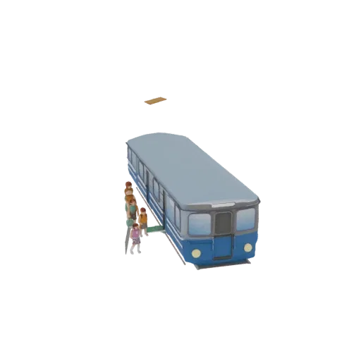 3D model of a blue passenger train with a light blue roof, stopped at a station with several stylized figures waiting on the