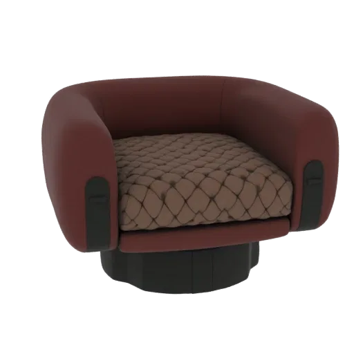 3D-Modell eines modernen Drehsessels mit roter Polsterung und braunem, rautenförmig gestepptem Sitz vor weißem Hintergrund.