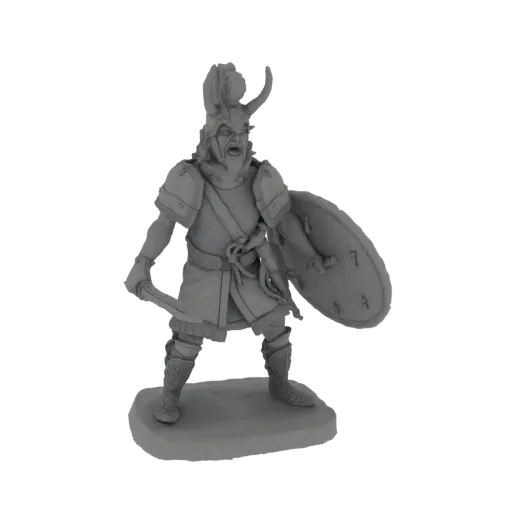 3D model of a furious Viking warrior in battle stance, holding a shield and sword, with an enraged expression.