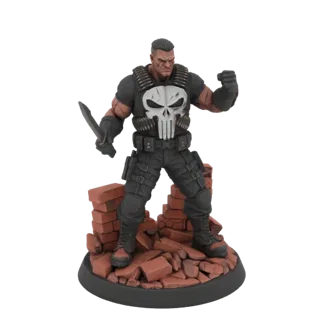 3D model of The Punisher action figure in a tactical pose, wearing a skull-emblazoned shirt and combat gear, standing on a ru